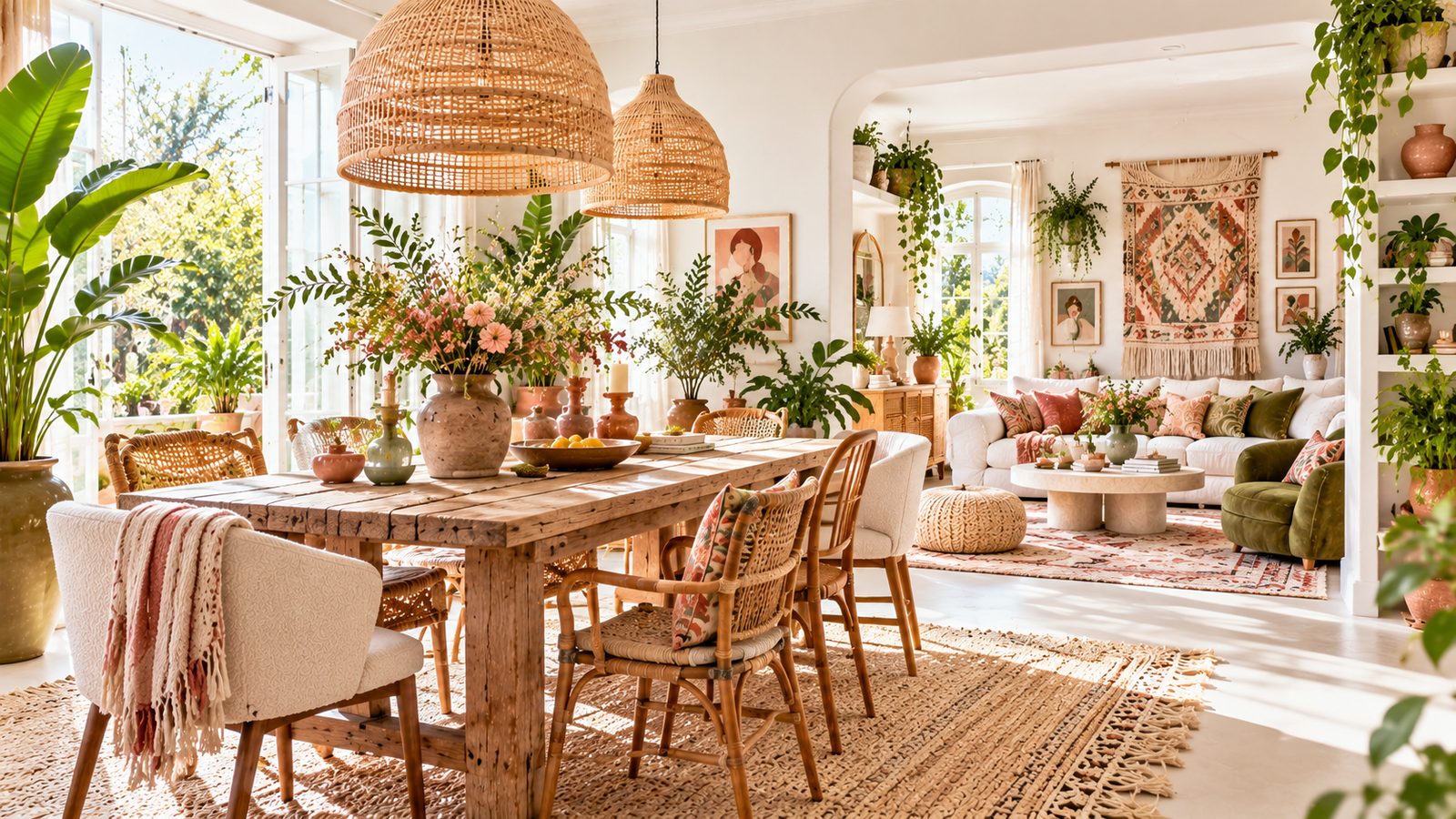 Eetkamer in Bohemian Natural stijl met rotan, planten en kleden