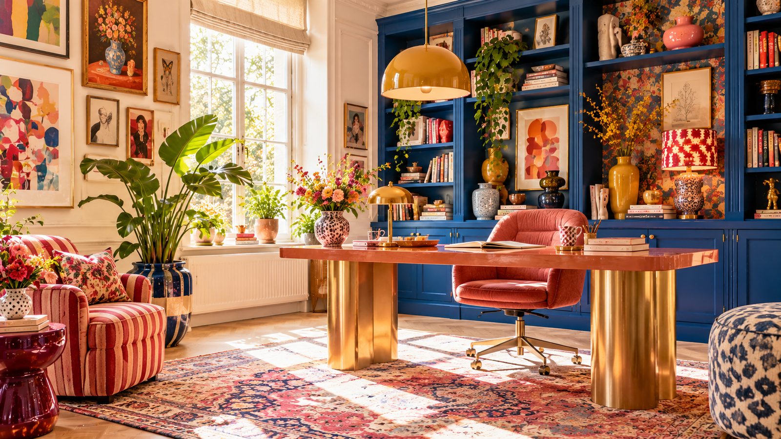 Kleurrijke werkkamer in eclectische stijl met kunst en patronen