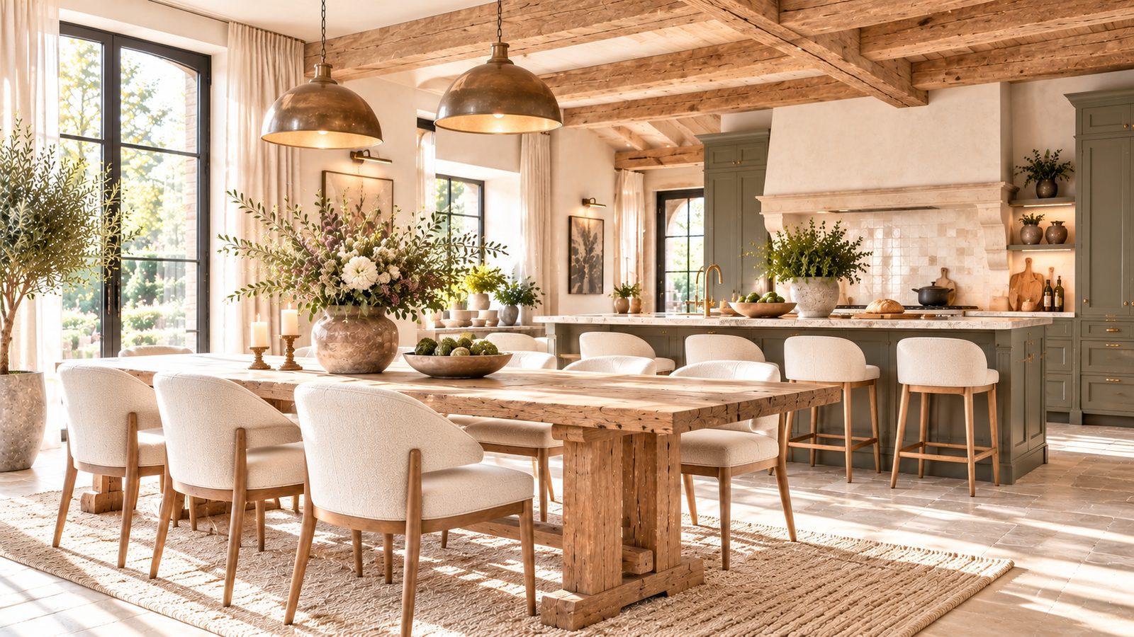 Leefkeuken in modern landelijke stijl met eiken balken en een grote houten tafel