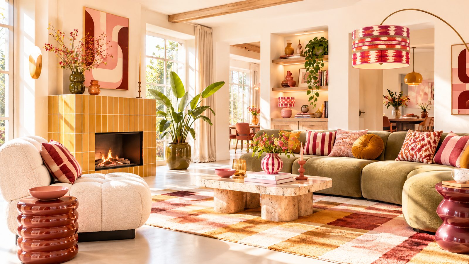 Woonkamer in New Retro stijl met okergele tegels en ronde vormen