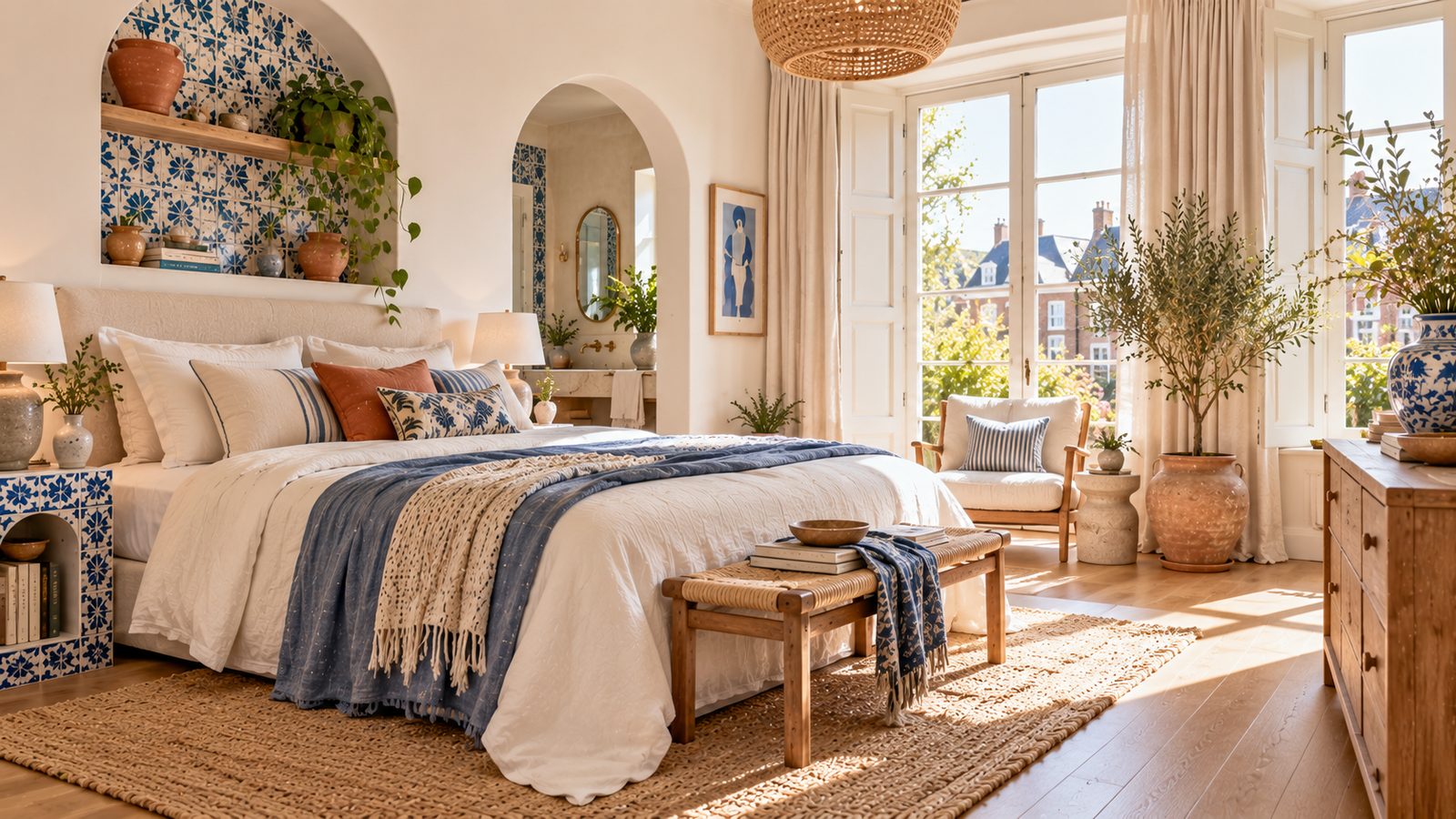 Slaapkamer in Sunny Mediterranean stijl met blauwe tegels en terracotta