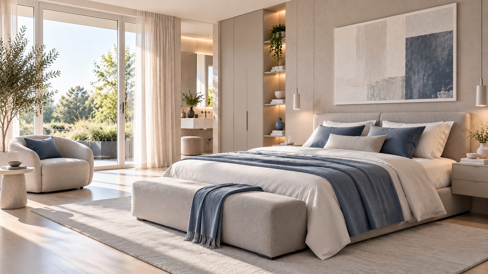 Rustige slaapkamer in Warm Modern stijl met zachte stoffen